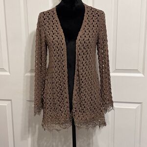 Monteau Womens Brown Crochet Open Knit Lace Trim Cardigan Small Boho Festival